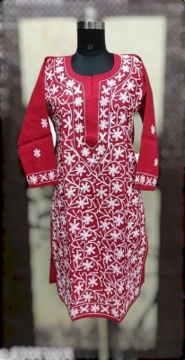 Neelam Chikan Women Embroidered Straight Kurta(Red, White)