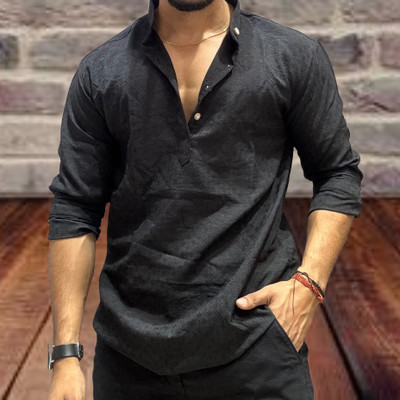 QSHOPQ Men Self Design Straight Kurta(Black)