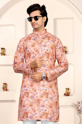 Nirwear Men Printed Straight Kurta(Pink)