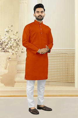 Shree Dutt Creation Men Solid Straight Kurta(Orange)