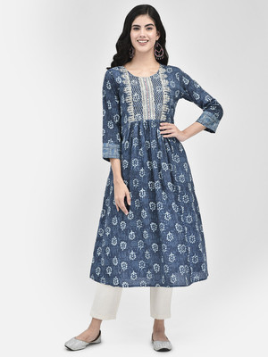 Span Women Self Design A-line Kurta(Blue)