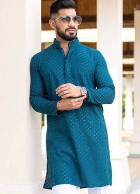 swara creation Men Chikan Embroidery Straight Kurta(Light Blue)