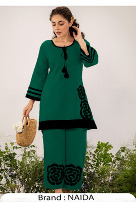 NAIDA Women Chikan Embroidery, Striped A-line Kurta(Dark Green, Black)