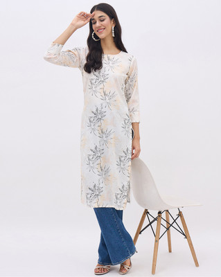 Anouk Rustic Women Printed Straight Kurta(White)