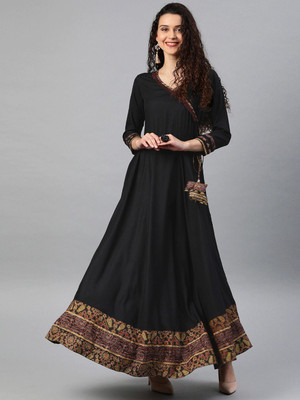 Yash Gallery Women Printed Anarkali Kurta(Black)