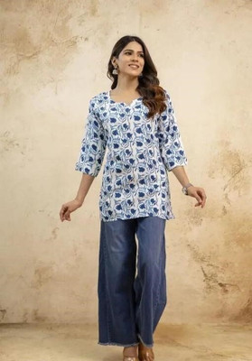 VSAAJ FASHION Women Printed Tunic Kurta(Light Blue)