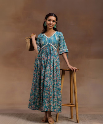 LIBAS Women Printed Flared Kurta(Green)