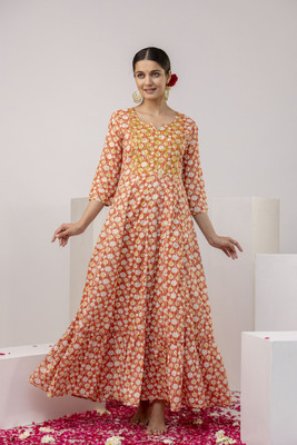 Gulmohar Jaipur Women Printed Flared Kurta(Orange)