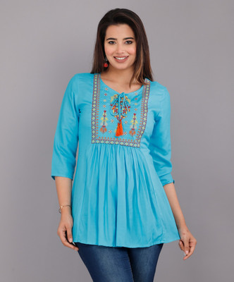 AMGonline Women Embroidered Flared Kurta(Blue)