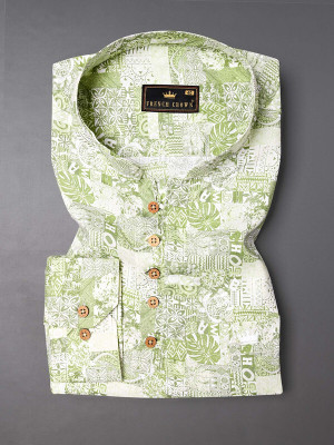french crown Men Printed Straight Kurta(White, Light Green)