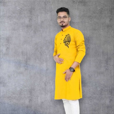 Mamta Biswas Men Printed Straight Kurta(Yellow)