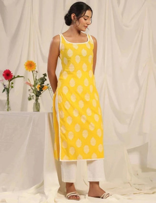 ABKT Women Printed Straight Kurta(Yellow)