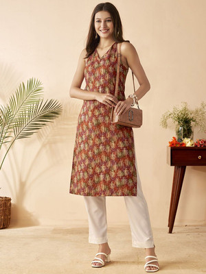 ANOUK Women Printed Straight Kurta(Red)
