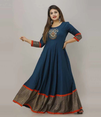 Brawn Active Wears Women Printed Flared Kurta(Blue)