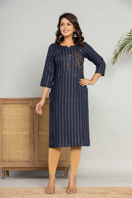 JustForU Women Printed Straight Kurta(Blue)