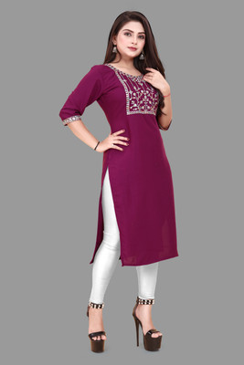 KURTIFABRIC Women Embroidered A-line Kurta(Purple)