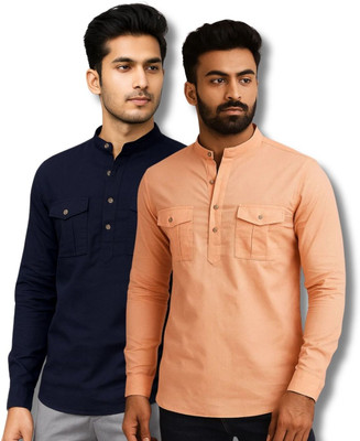VIMASUTI Men Solid Straight Kurta(Dark Blue, Orange)