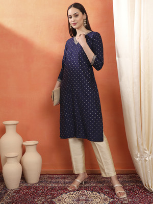 Span Women Self Design Straight Kurta(Blue)