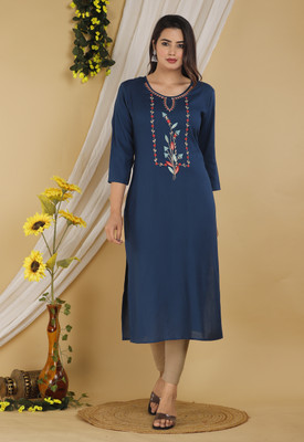 Mehsoos Women Embroidered Straight Kurta(Dark Blue)