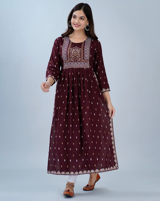 Veny Women Printed Ethnic Dress Kurta(Brown)