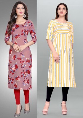 Modli 20 Fashion Women Striped, Printed Straight Kurta(Yellow, Pink)