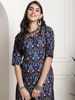 EthnicBasket Women Printed Straight Kurta(Light Blue)