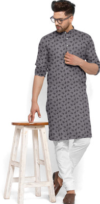 VINAARI Men Printed Straight Kurta(Black, Grey)