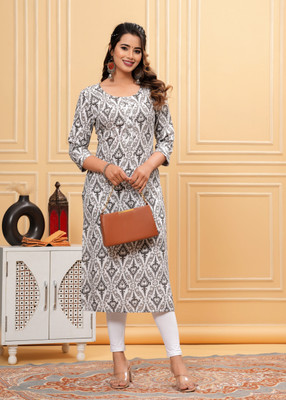 Harsh Enterprises Women Printed Straight Kurta(Grey)