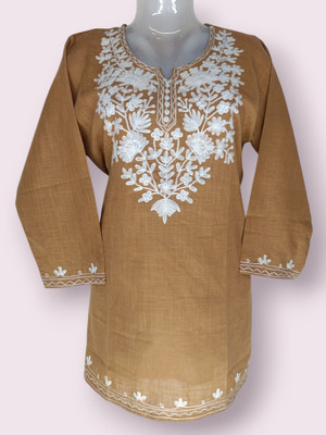 Anshi jari arts Women Embroidered Anarkali Kurta(Brown)