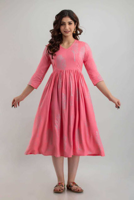 fashionmk Women Printed Flared Kurta(Pink)