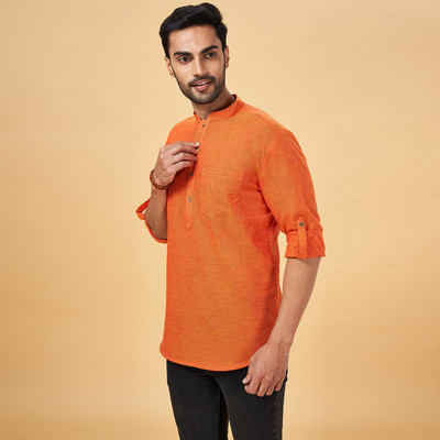 Indus Route by Pantaloons Men Solid Straight Kurta(Orange)