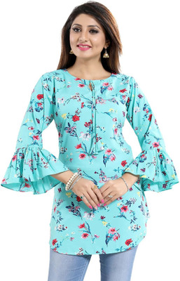 Anmi Lustre Light Rama Poly Crepe Apple Bottom Short Tunic Top with Frilled Sleeves Printed Women Straight Kurta(Blue)