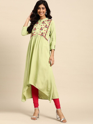 ANOUK Women Embroidered A-line Kurta(Green)