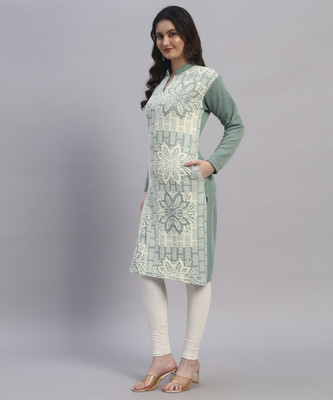 QUIN FLETCHER Women Self Design, Printed Straight Kurta(Light Green)