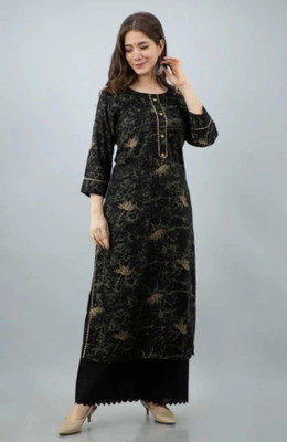 Jeevika Fashion Women Printed Straight Kurta(Black)