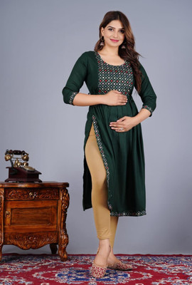 TRY ME Women Embroidered A-line Kurta(Green)