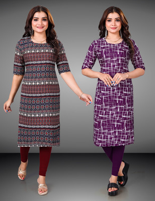 MOBHISA Women Printed Straight Kurta(Purple)