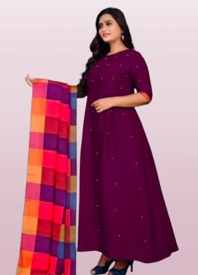 Neminath Women Printed Anarkali Kurta(Purple)