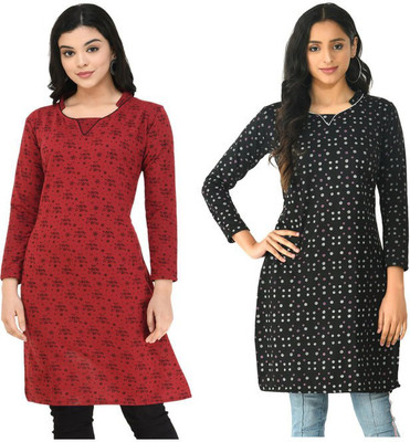 Indeweaves Women Floral Print A-line Kurta(Maroon, Brown)