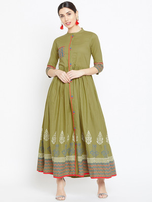 WineRed Women Printed Flared Kurta(Green)