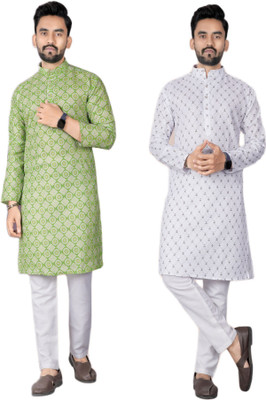DHASU TRENDZ Men Printed, Woven Design Straight Kurta(Light Green, White)
