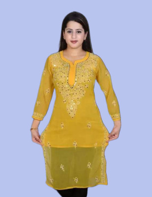 KKHANS SHERAS Women Embroidered Straight Kurta(Yellow)