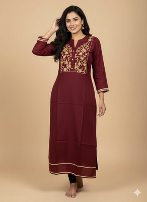 ZODO Women Embroidered A-line Kurta(Maroon)
