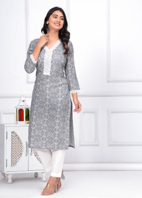 D&H Women Printed Straight Kurta(Grey)