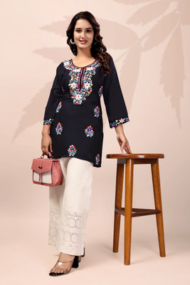 MADHAVLIFESTYLE Women Chikan Embroidery A-line Kurta(Black)