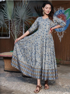 CHARVI CREATION Women Printed Anarkali Kurta(Grey)