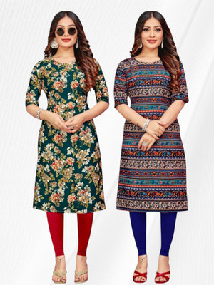 Nitya Trendz Women Printed Straight Kurta(Green, Multicolor)