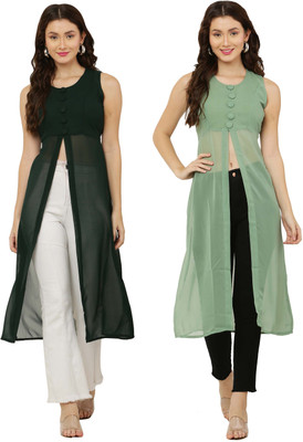 VESICLE Women Solid Frontslit Kurta(Green, Light Green)