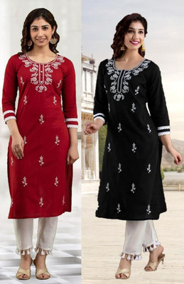 vikshi Women Embroidered Straight Kurta(Black, Maroon)