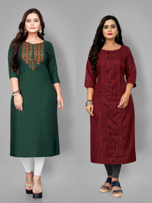 Fabriza Women Embroidered A-line Kurta(Green, Maroon)